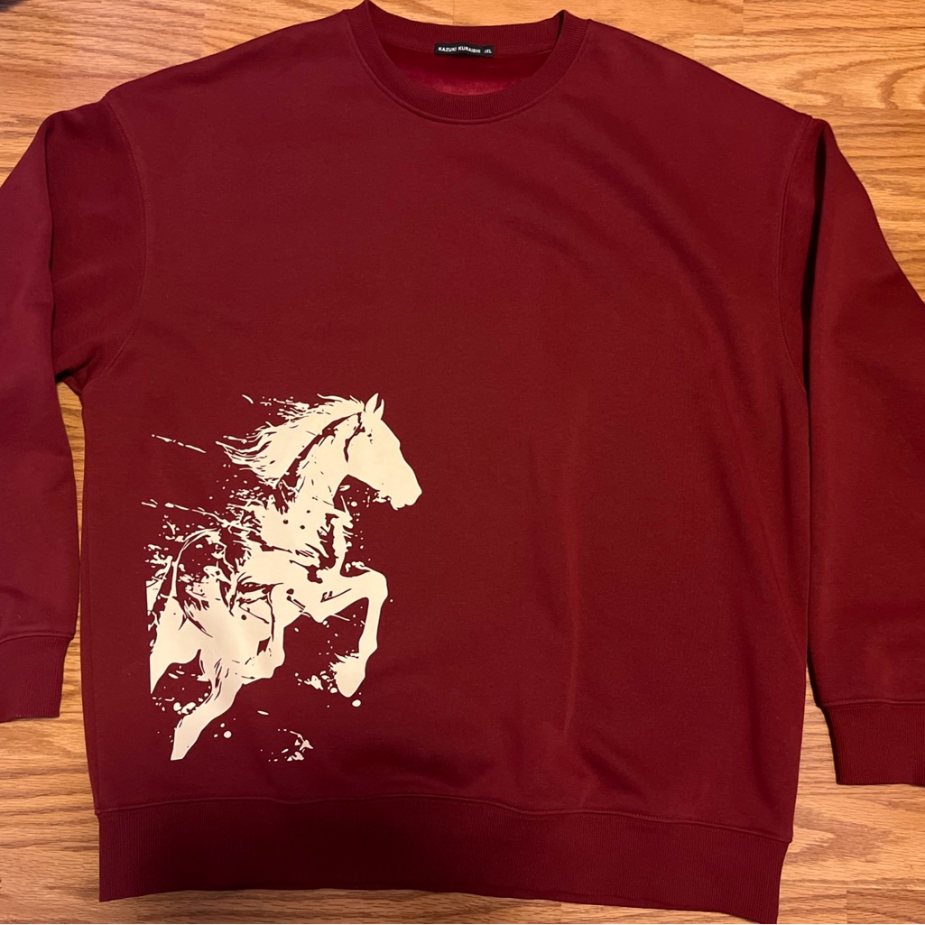 Kazuki Kuraishi Men's Xl Burgundy Crew Neck Pullover Sweatshirt Graphic Horse